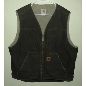Vtg Carhartt V26-DKB Men’s Large Canvas Zipper Vest Dark Brown Sherpa Lined